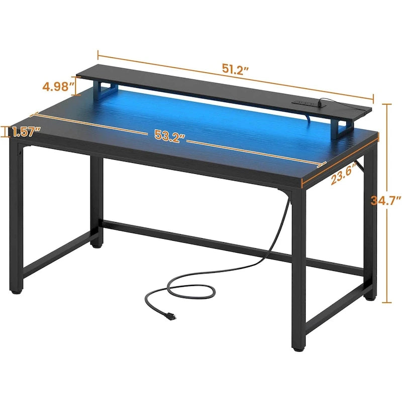 Bureau d'ordinateur 55 pouces avec prise et lumière LED, bureau de travail à domicile avec plateau de 3,8 cm d'épaisseur, table d'écriture, d'étude et de jeu
