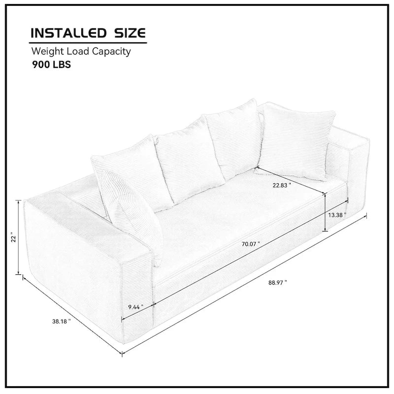 Ce canapé modulaire trois places en velours côtelé est livré avec 5 coussins et présente un design spacieux.
