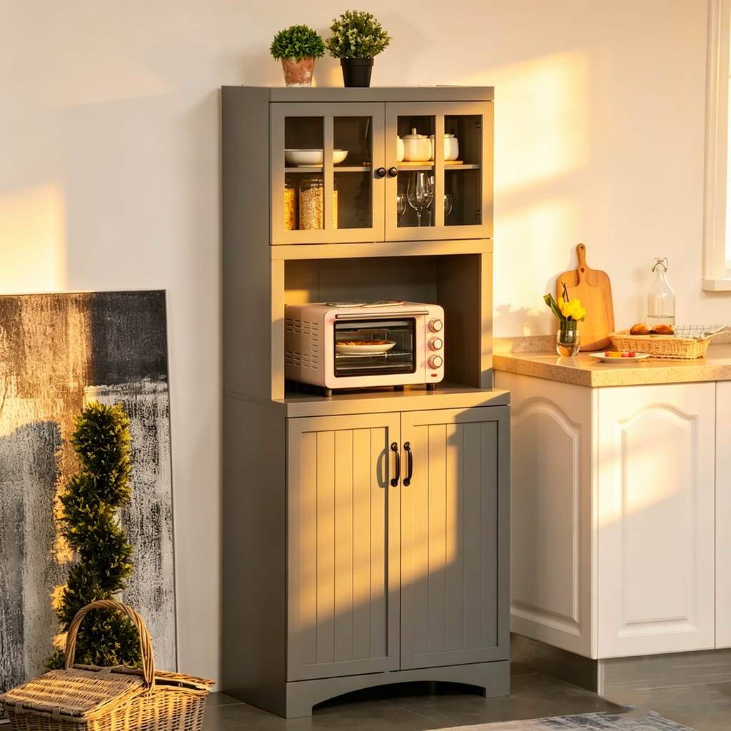 Buffet de cuisine — Meuble de rangement en bois avec portes vitrées et étagère pour micro-ondes