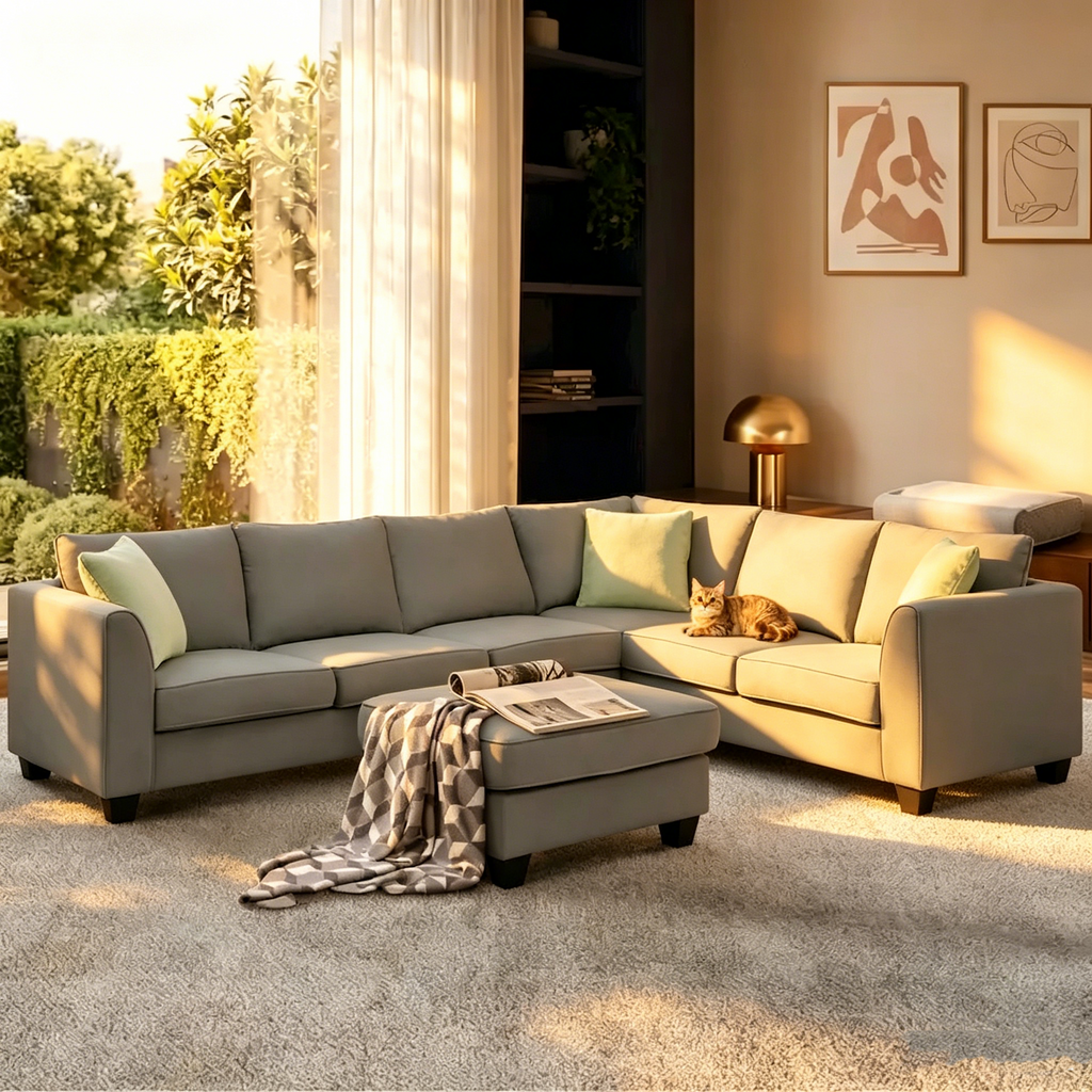 Canapé d'angle modulable 7 places de 112 pouces avec pouf et trois coussins - 112L x 87P x 33H