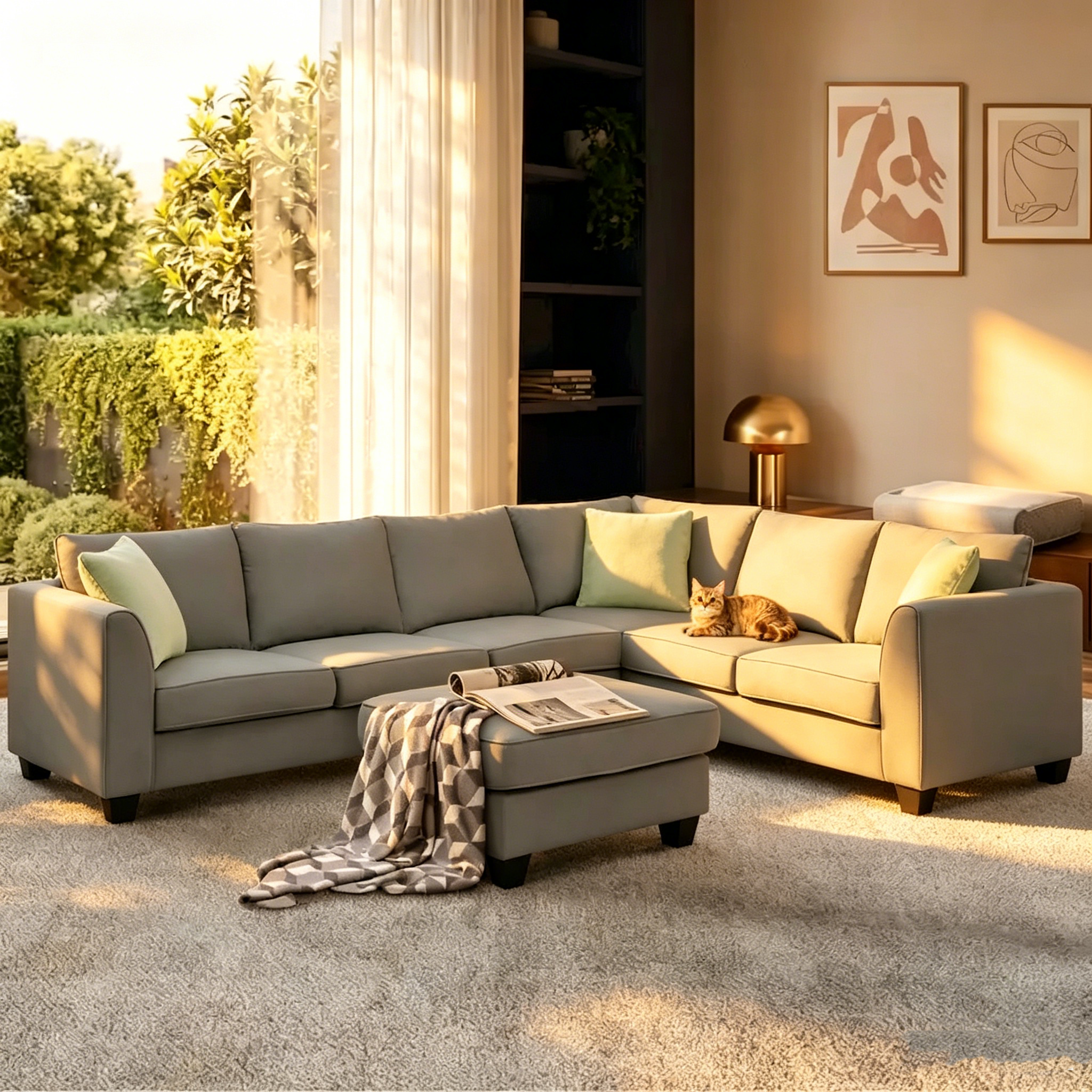 Canapé d'angle modulable 7 places de 112 pouces avec pouf et trois coussins - 112L x 87P x 33H