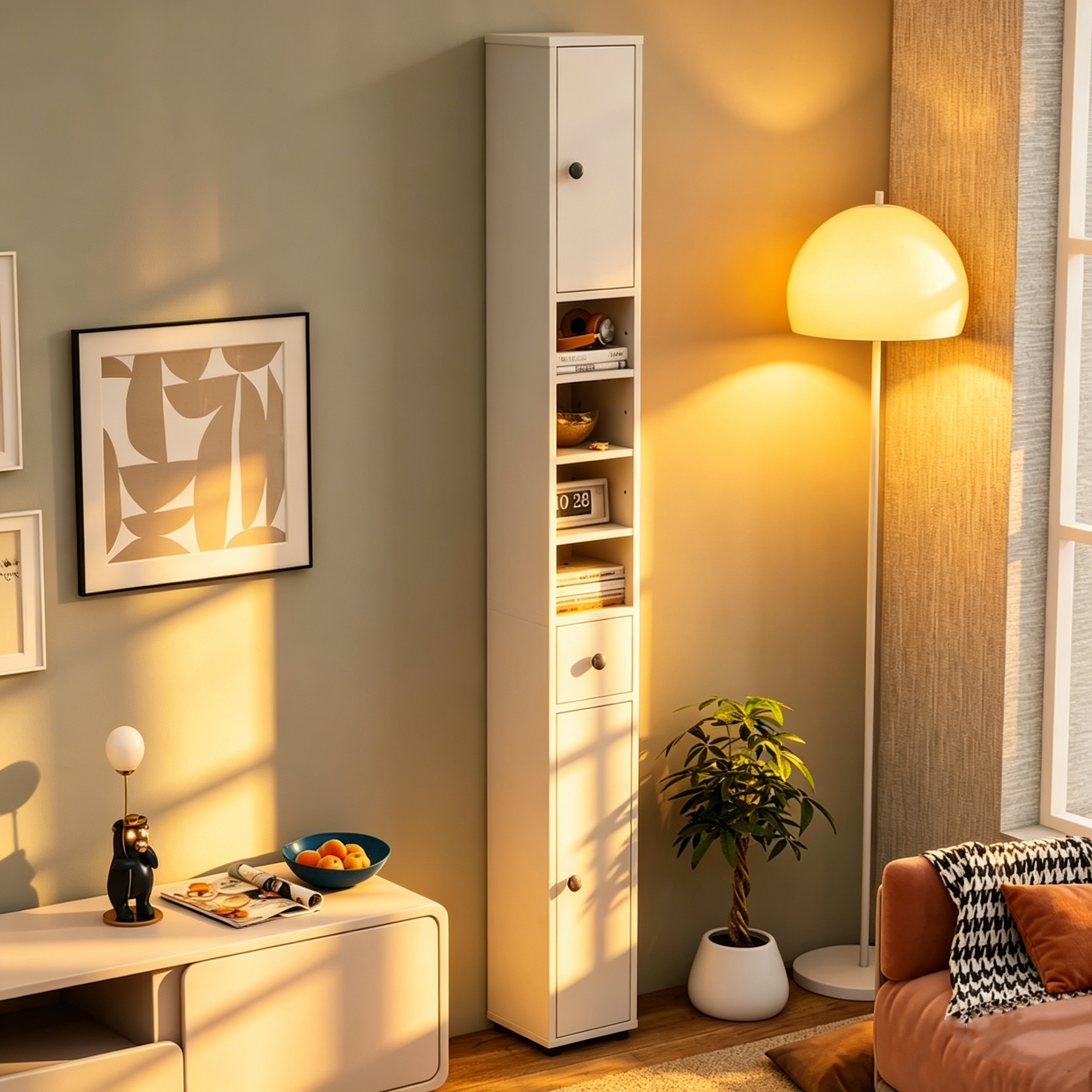 Meuble de rangement haut et mince pour salle de bain, armoire à linge avec tiroirs et