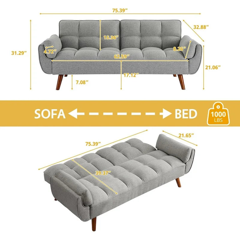 Canapé-Lit Futon 75.39 POUCES, Canapé-Lit Convertible Rembourré avec Dossier Inclinable Tufté et Divisé