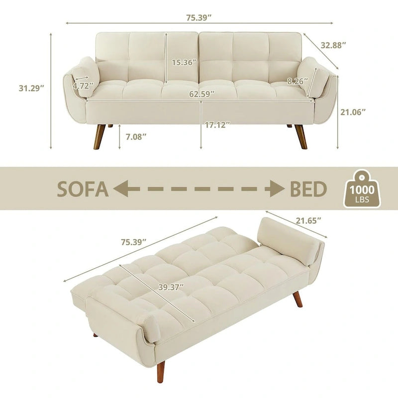 Canapé-Lit Futon 75.39 POUCES, Canapé-Lit Convertible Rembourré avec Dossier Inclinable Tufté et Divisé