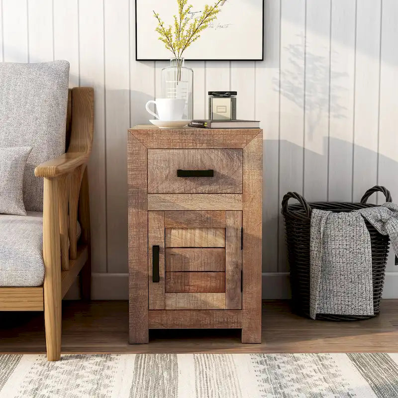 Table d'appoint de rangement en bois massif de 23 pouces dans des tons campagnards chaleureux
