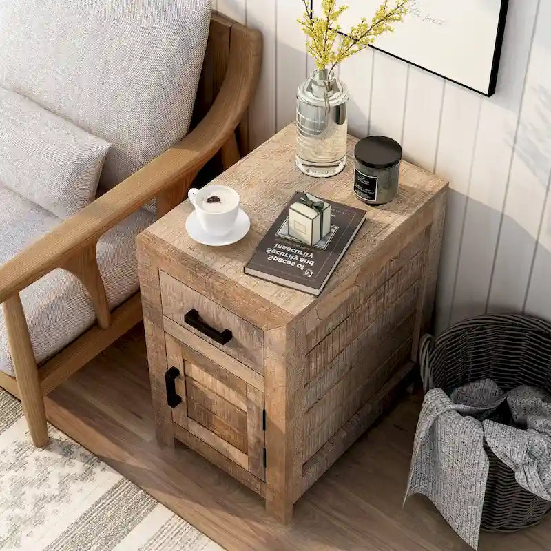 Table d'appoint de rangement en bois massif de 23 pouces dans des tons campagnards chaleureux