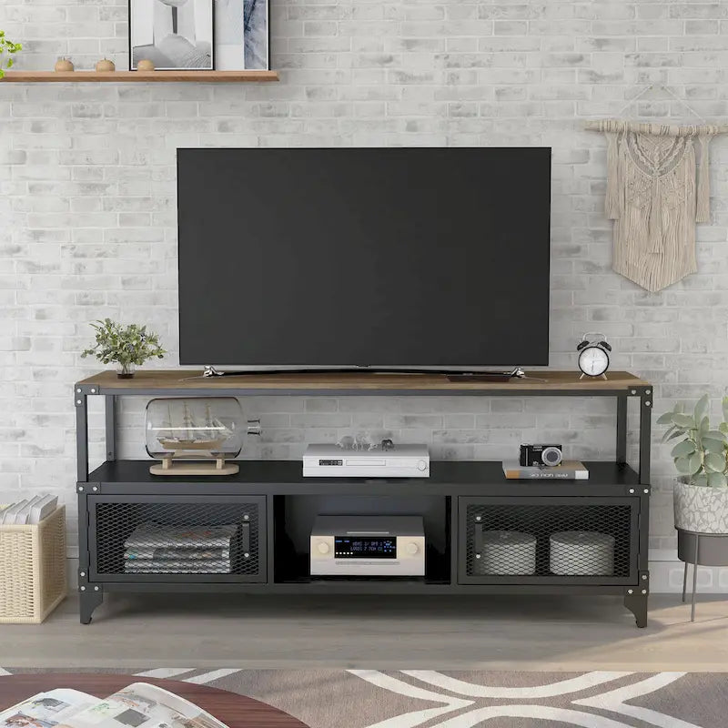 Meuble TV double couche en acier de 70 pouces, style campagnard, en noyer noir et foncé