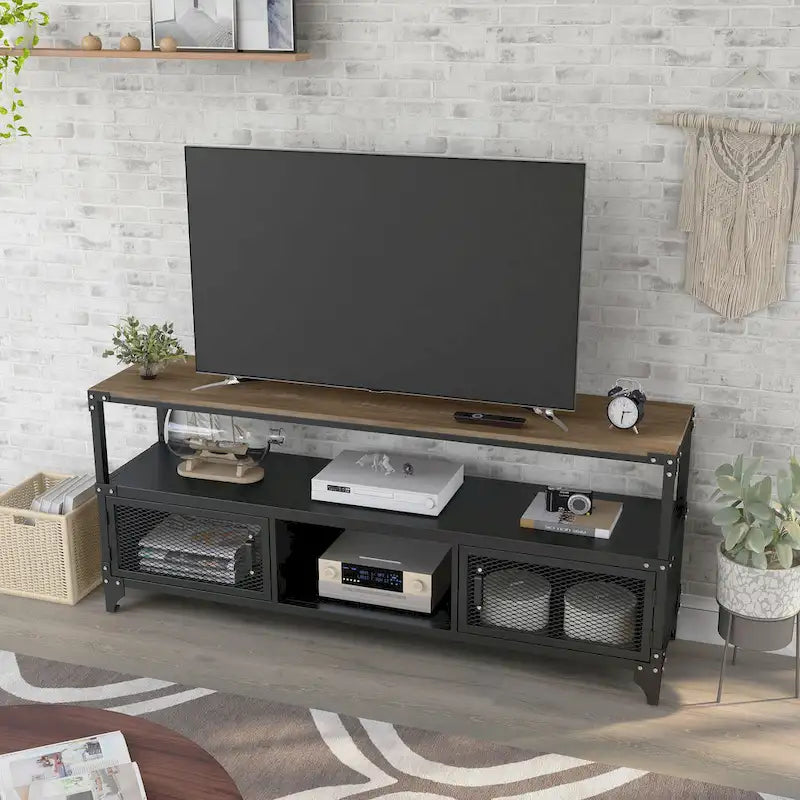 Meuble TV double couche en acier de 70 pouces, style campagnard, en noyer noir et foncé