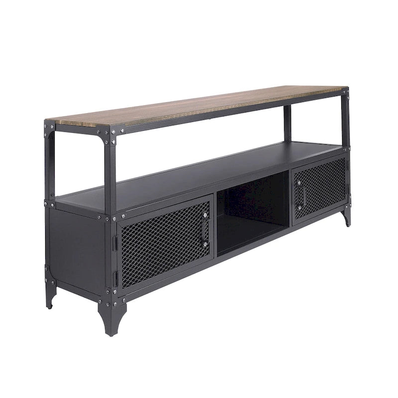 Meuble TV double couche en acier de 70 pouces, style campagnard, en noyer noir et foncé