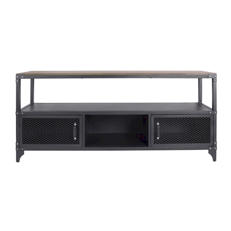 Meuble TV double couche en acier de 70 pouces, style campagnard, en noyer noir et foncé