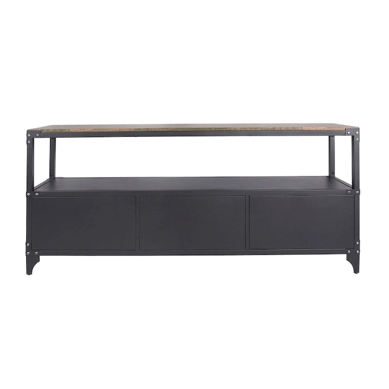 Meuble TV double couche en acier de 70 pouces, style campagnard, en noyer noir et foncé