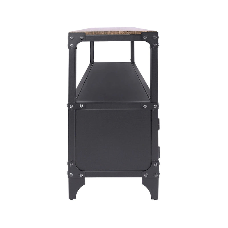 Meuble TV double couche en acier de 70 pouces, style campagnard, en noyer noir et foncé