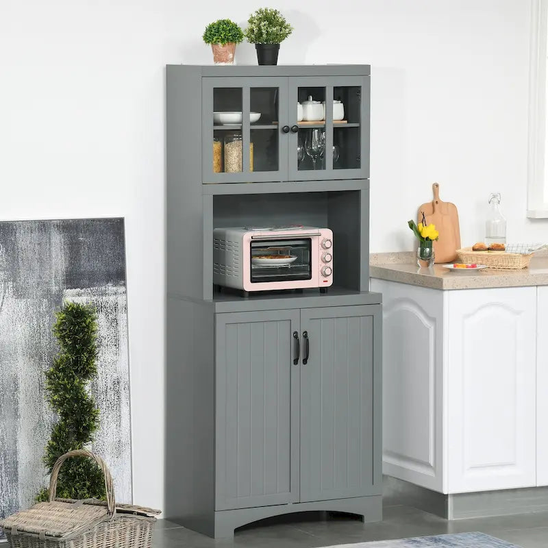Buffet de cuisine — Meuble de rangement en bois avec portes vitrées et étagère pour micro-ondes