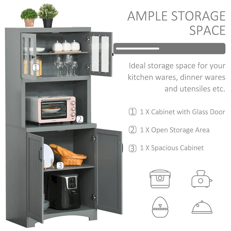 Buffet de cuisine — Meuble de rangement en bois avec portes vitrées et étagère pour micro-ondes