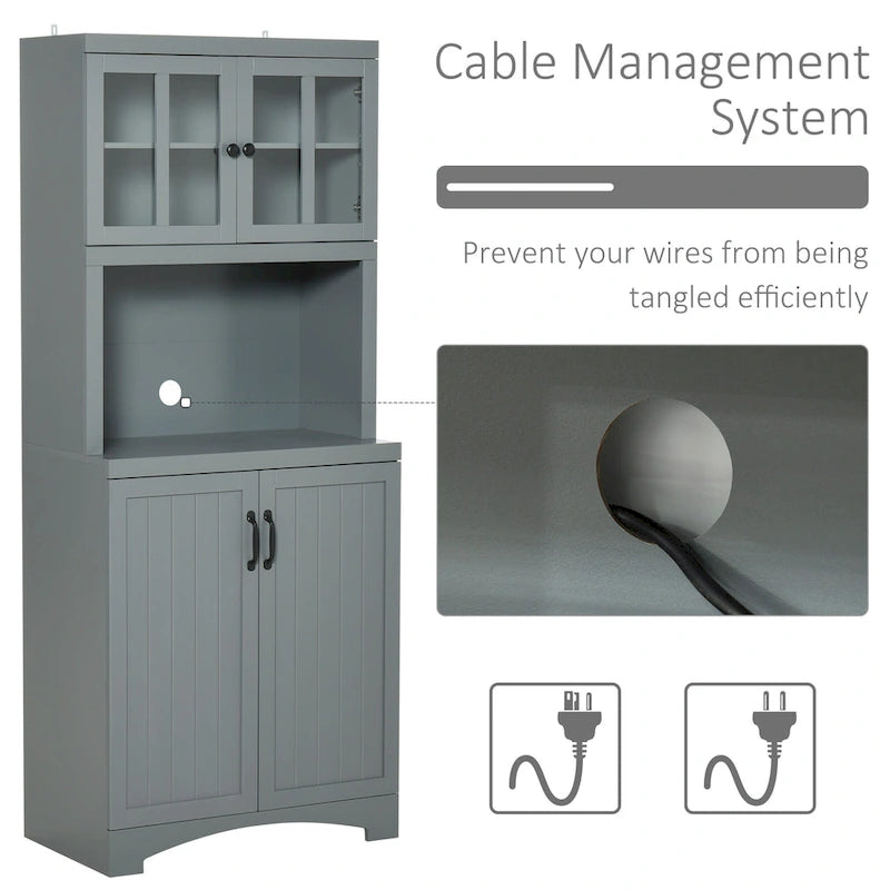Buffet de cuisine — Meuble de rangement en bois avec portes vitrées et étagère pour micro-ondes