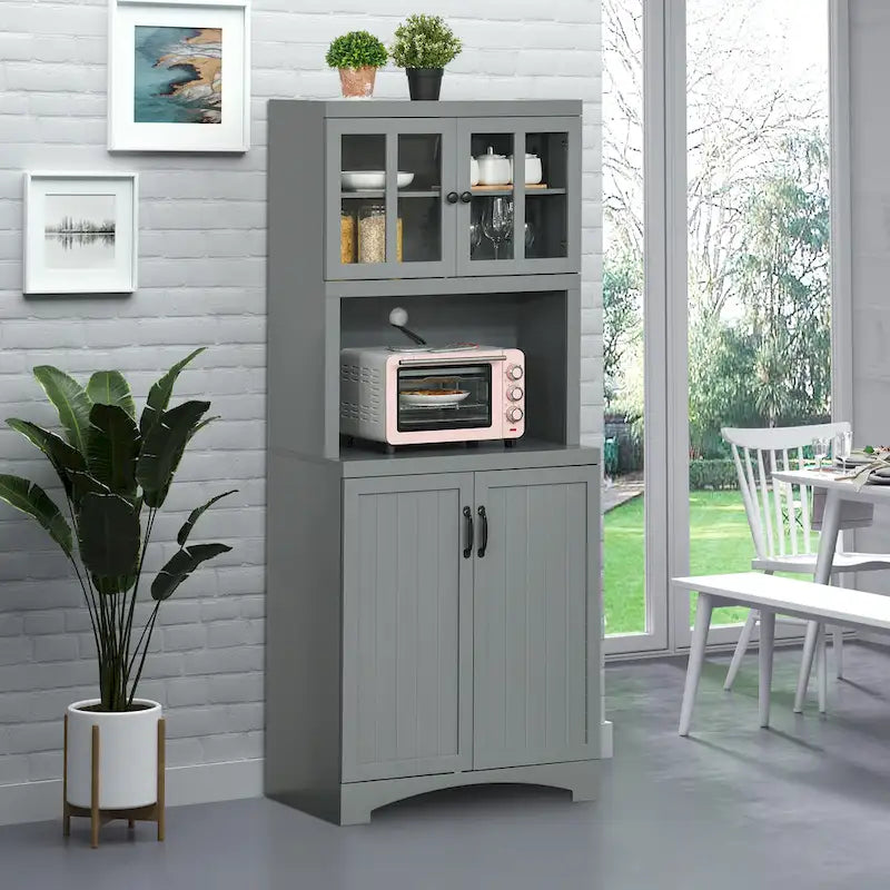 Buffet de cuisine — Meuble de rangement en bois avec portes vitrées et étagère pour micro-ondes