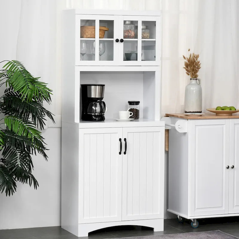 Buffet de cuisine — Meuble de rangement en bois avec portes vitrées et étagère pour micro-ondes
