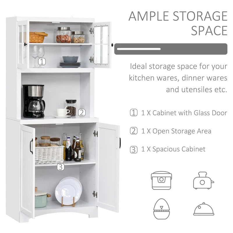 Buffet de cuisine — Meuble de rangement en bois avec portes vitrées et étagère pour micro-ondes