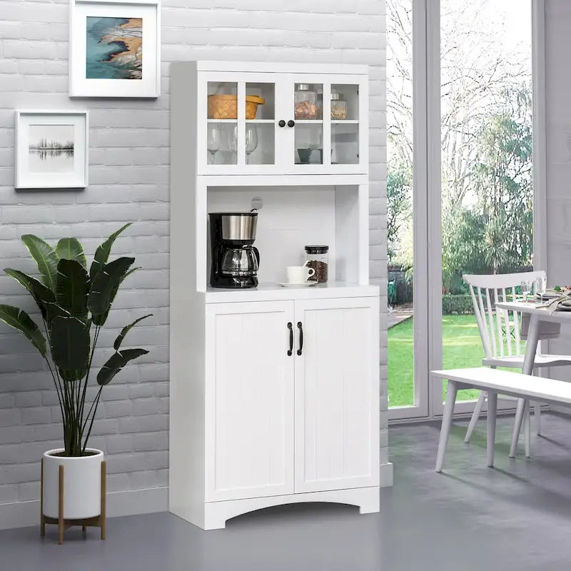 Buffet de cuisine — Meuble de rangement en bois avec portes vitrées et étagère pour micro-ondes