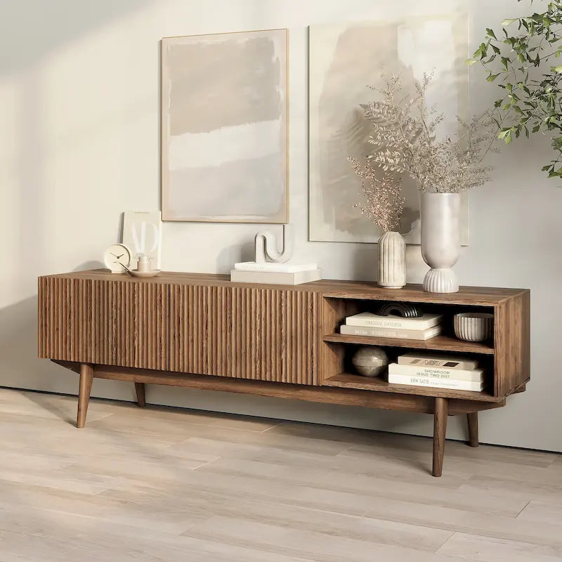Meuble TV — Style scandinave Mid-Century Modern avec pieds en bois massif, convient aux téléviseurs jusqu'à 65 pouces
