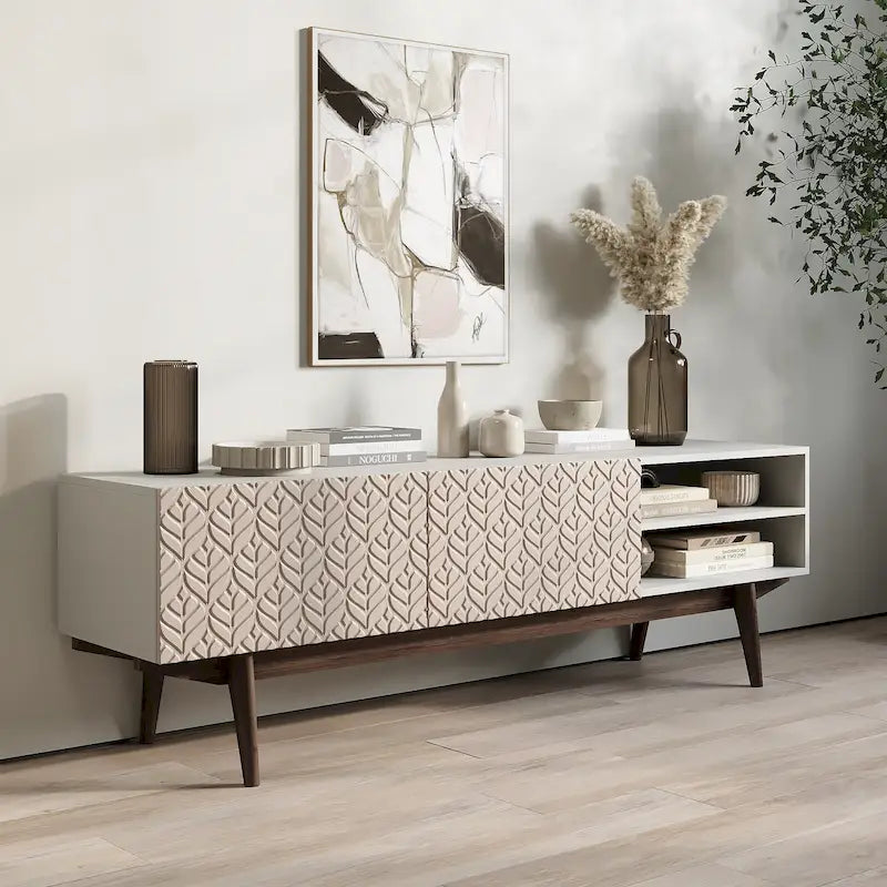 Meuble TV — Style scandinave Mid-Century Modern avec pieds en bois massif, convient aux téléviseurs jusqu'à 65 pouces