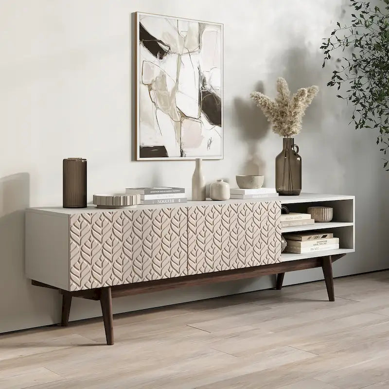 Meuble TV — Style scandinave Mid-Century Modern avec pieds en bois massif, convient aux téléviseurs jusqu'à 65 pouces
