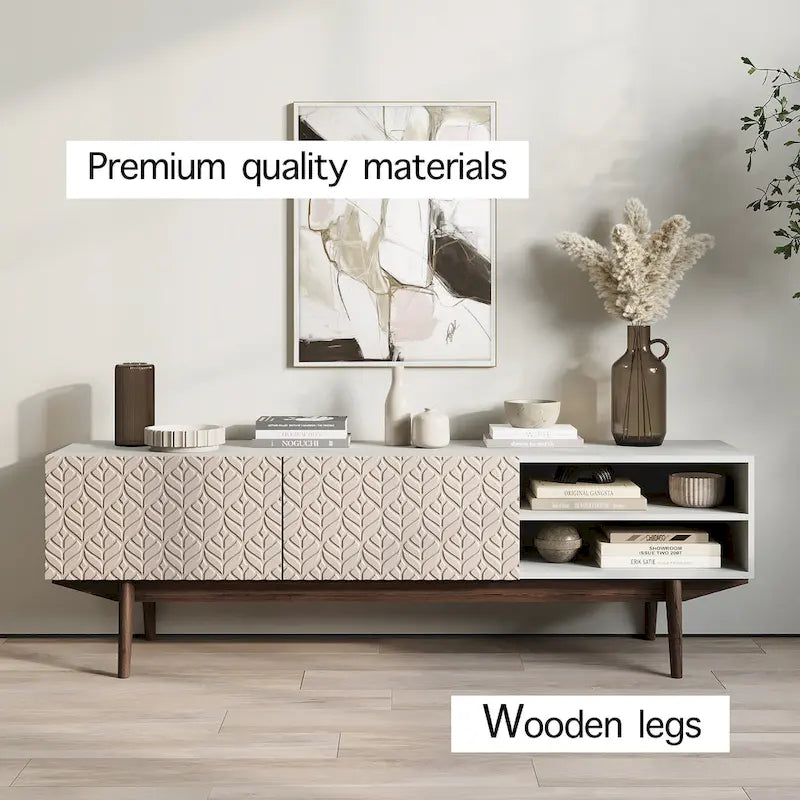 Meuble TV — Style scandinave Mid-Century Modern avec pieds en bois massif, convient aux téléviseurs jusqu'à 65 pouces