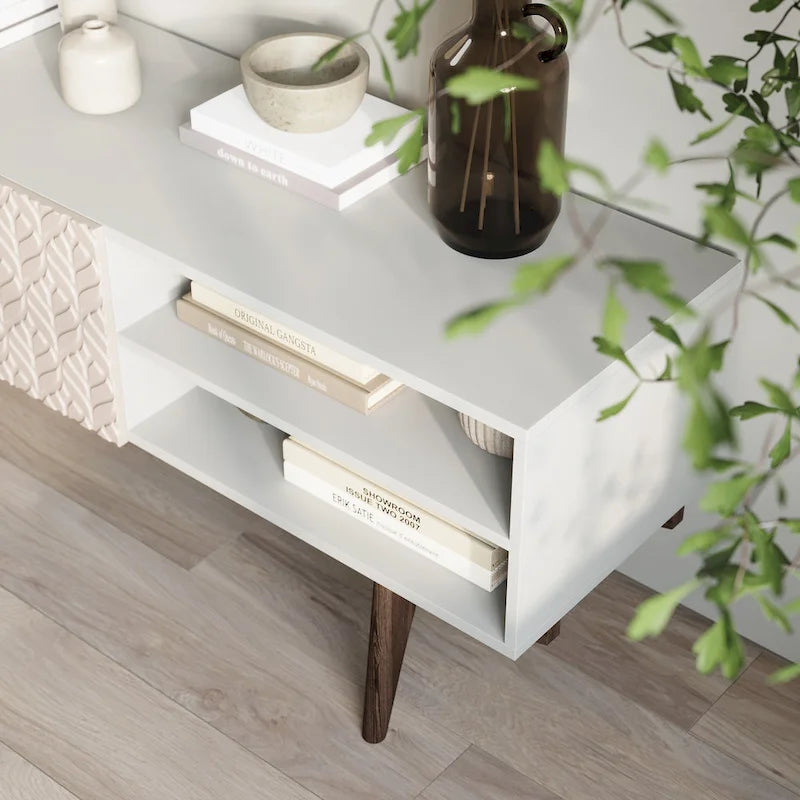 Meuble TV — Style scandinave Mid-Century Modern avec pieds en bois massif, convient aux téléviseurs jusqu'à 65 pouces