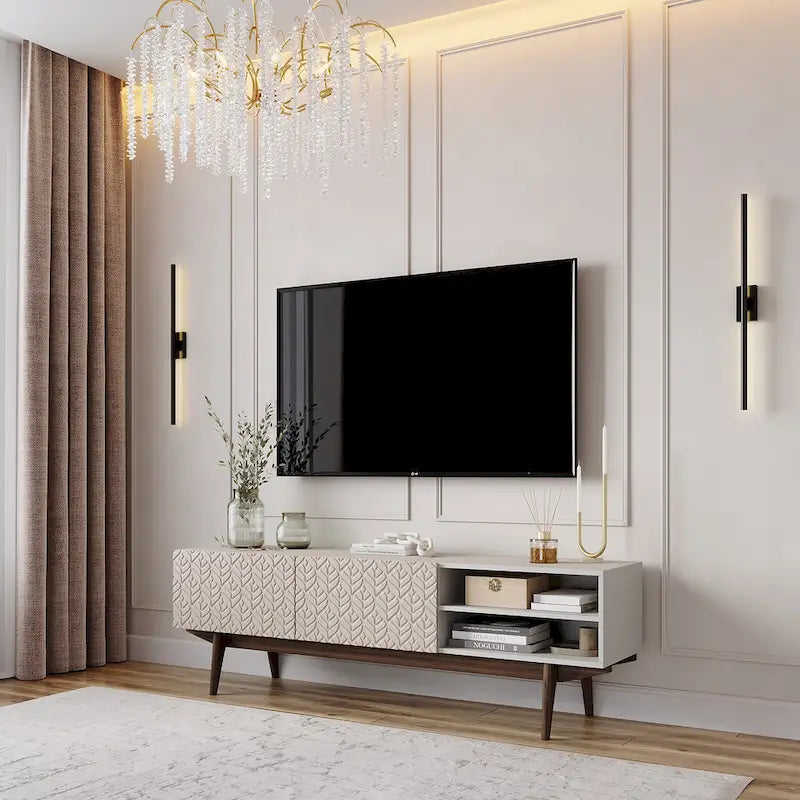 Meuble TV — Style scandinave Mid-Century Modern avec pieds en bois massif, convient aux téléviseurs jusqu'à 65 pouces