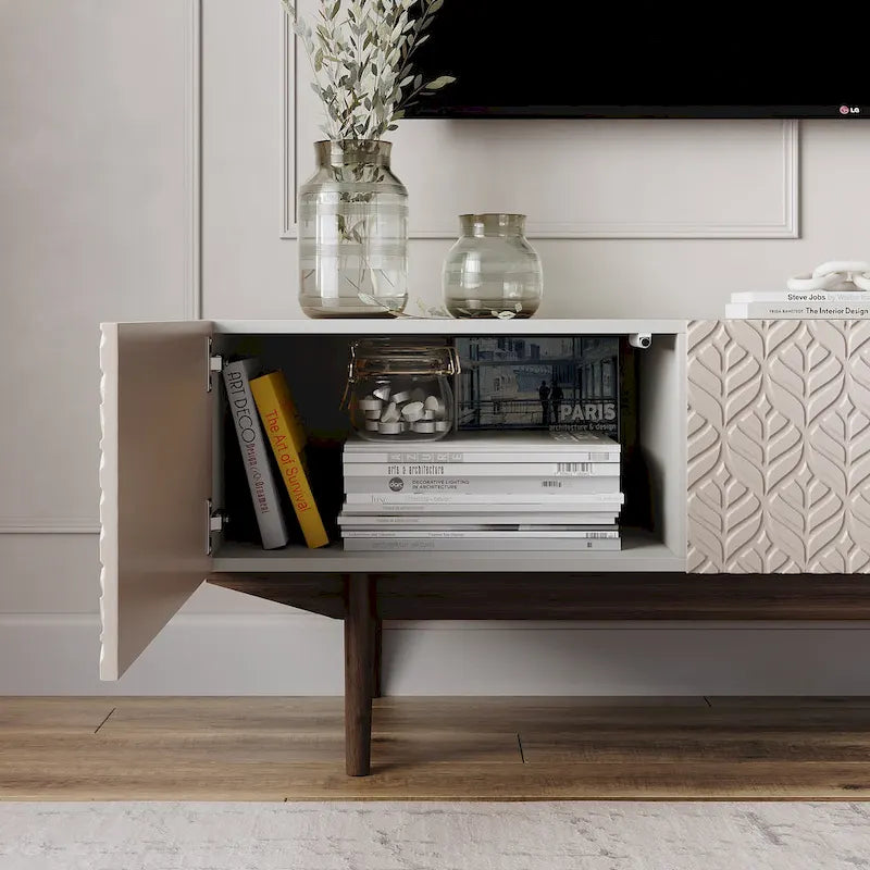 Meuble TV — Style scandinave Mid-Century Modern avec pieds en bois massif, convient aux téléviseurs jusqu'à 65 pouces