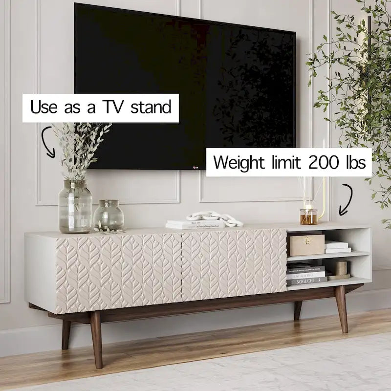 Meuble TV — Style scandinave Mid-Century Modern avec pieds en bois massif, convient aux téléviseurs jusqu'à 65 pouces