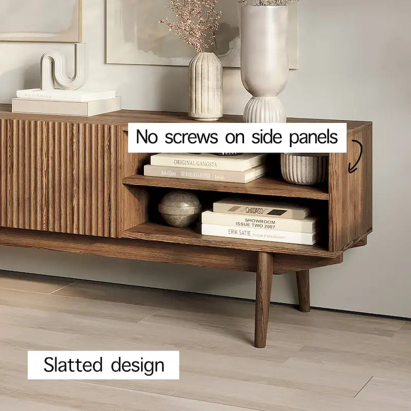 Meuble TV — Style scandinave Mid-Century Modern avec pieds en bois massif, convient aux téléviseurs jusqu'à 65 pouces