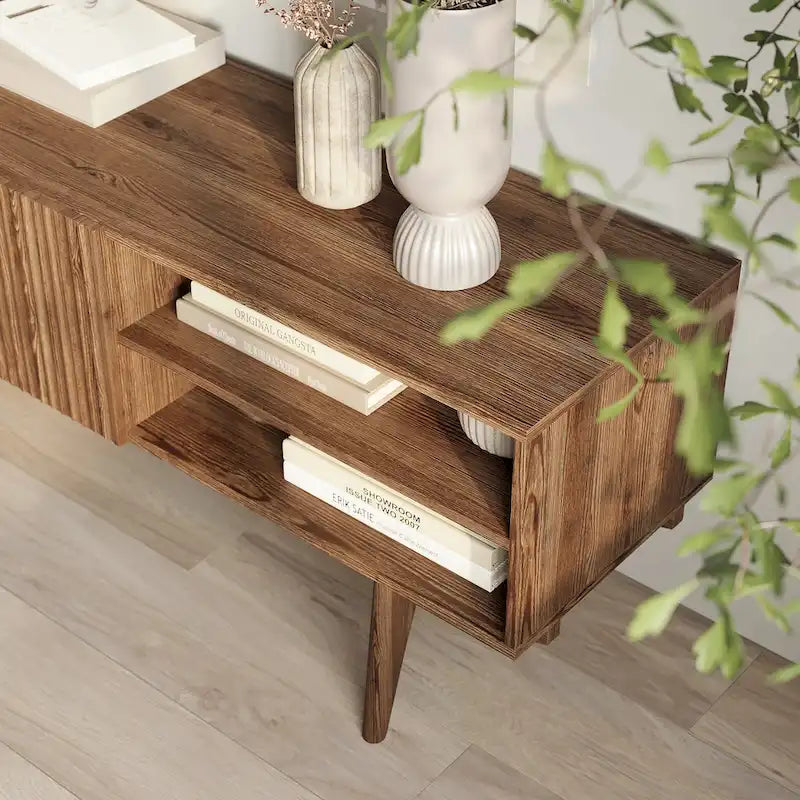 Meuble TV — Style scandinave Mid-Century Modern avec pieds en bois massif, convient aux téléviseurs jusqu'à 65 pouces