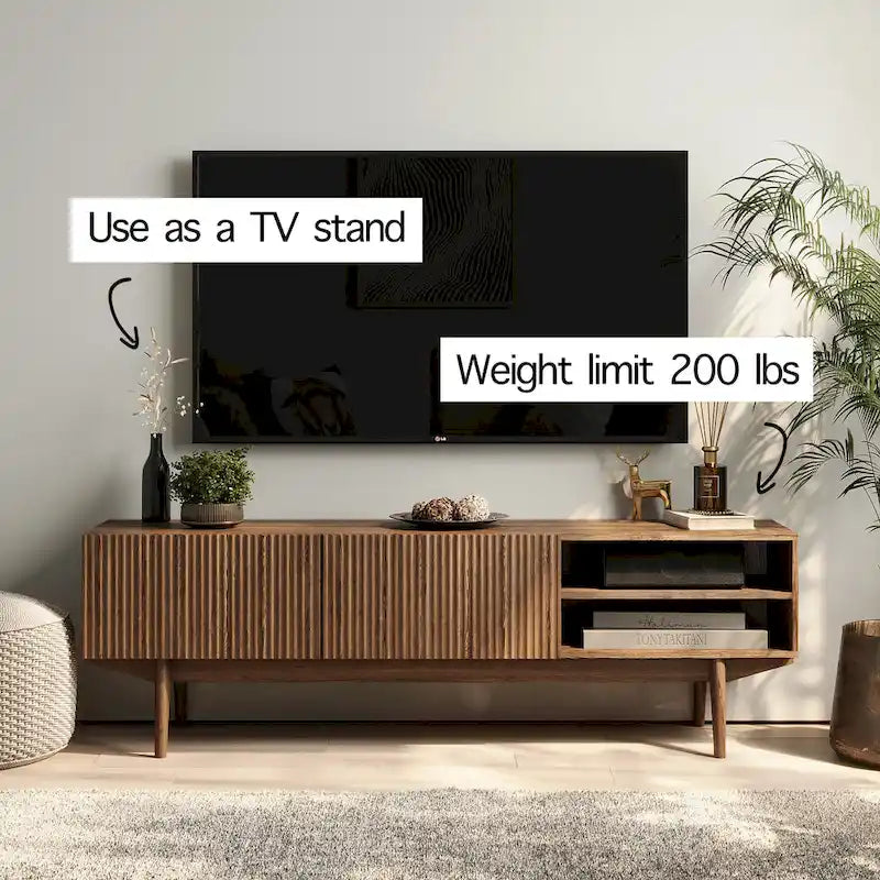 Meuble TV — Style scandinave Mid-Century Modern avec pieds en bois massif, convient aux téléviseurs jusqu'à 65 pouces