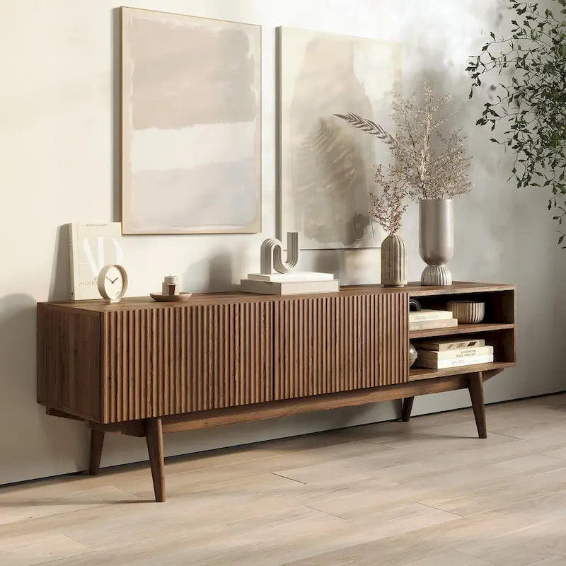 Meuble TV — Style scandinave Mid-Century Modern avec pieds en bois massif, convient aux téléviseurs jusqu'à 65 pouces