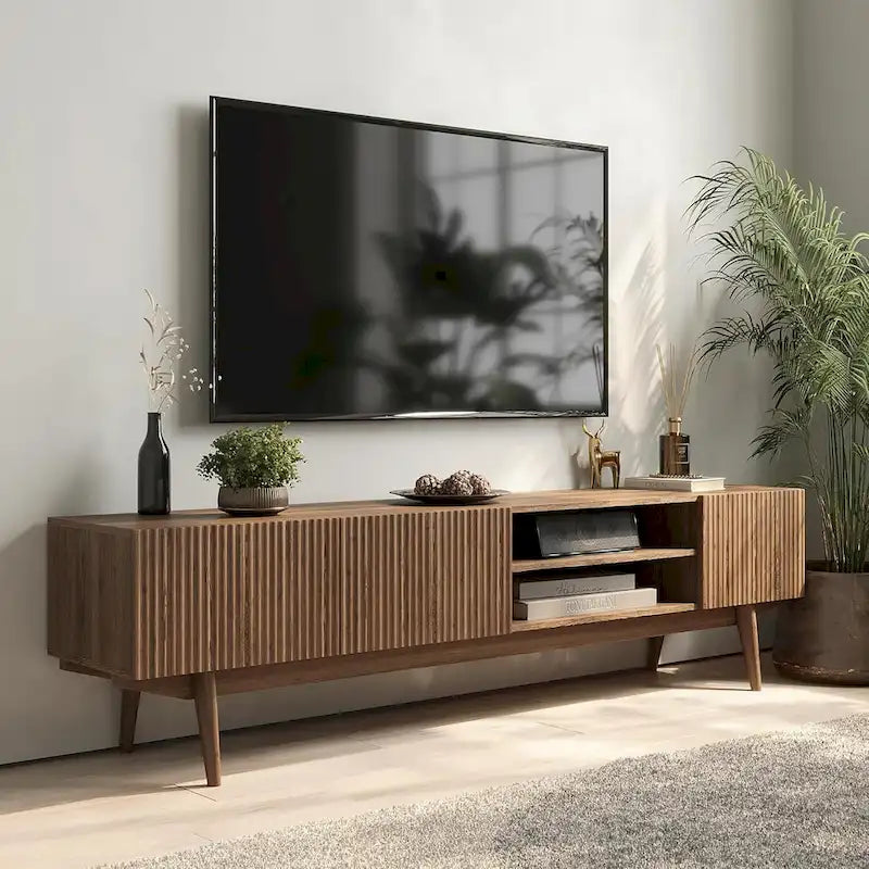 Meuble TV — Style scandinave Mid-Century Modern avec pieds en bois massif, convient aux téléviseurs jusqu'à 65 pouces