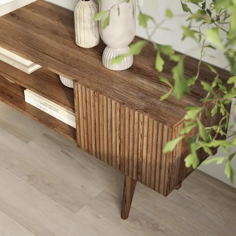 Meuble TV — Style scandinave Mid-Century Modern avec pieds en bois massif, convient aux téléviseurs jusqu'à 65 pouces