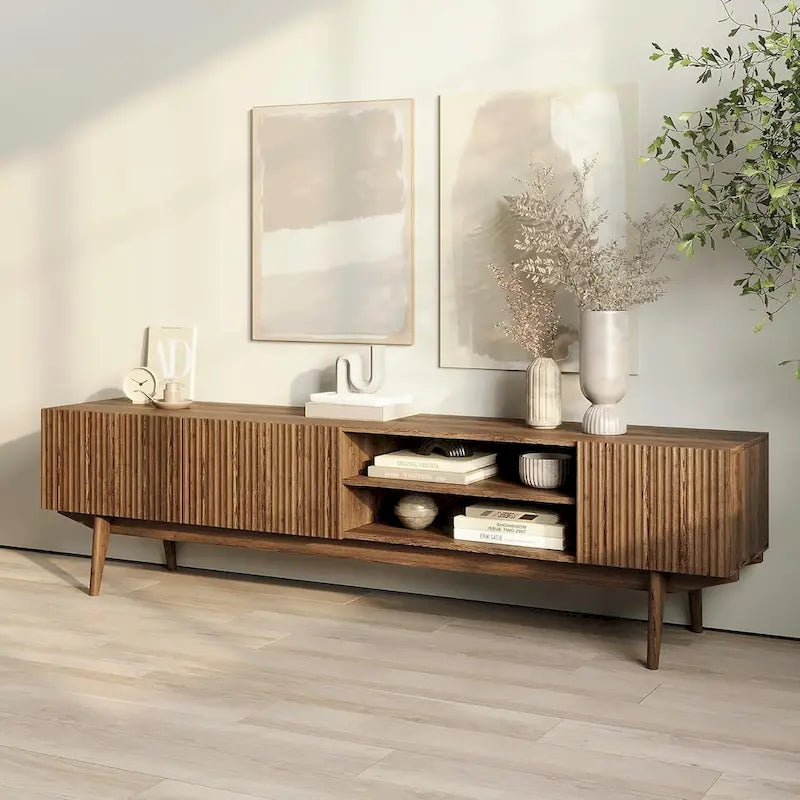 Meuble TV — Style scandinave Mid-Century Modern avec pieds en bois massif, convient aux téléviseurs jusqu'à 65 pouces