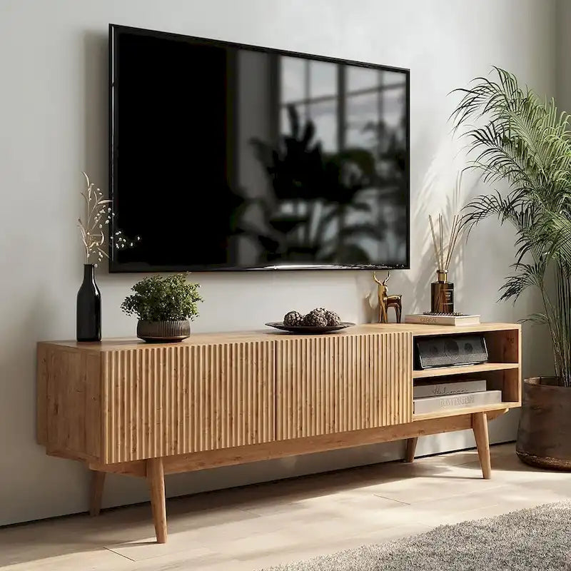 Meuble TV — Style scandinave Mid-Century Modern avec pieds en bois massif, convient aux téléviseurs jusqu'à 65 pouces