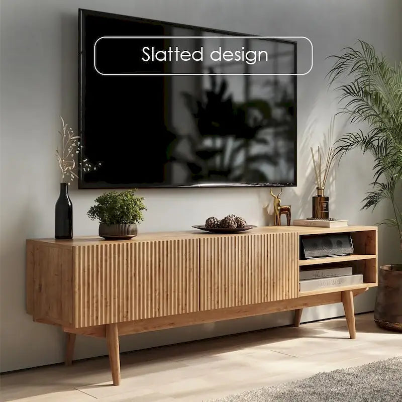 Meuble TV — Style scandinave Mid-Century Modern avec pieds en bois massif, convient aux téléviseurs jusqu'à 65 pouces