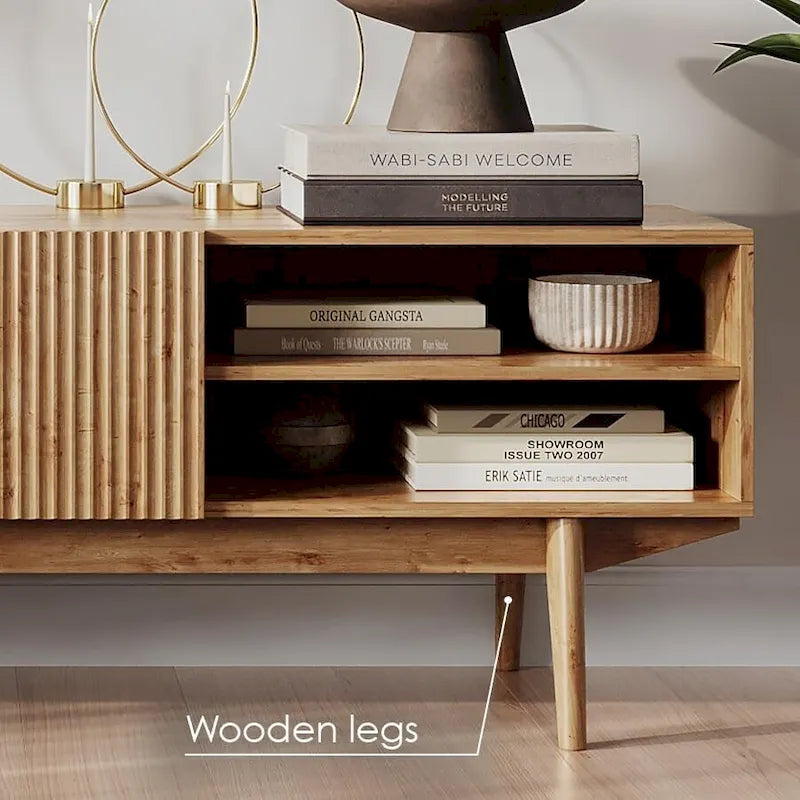 Meuble TV — Style scandinave Mid-Century Modern avec pieds en bois massif, convient aux téléviseurs jusqu'à 65 pouces