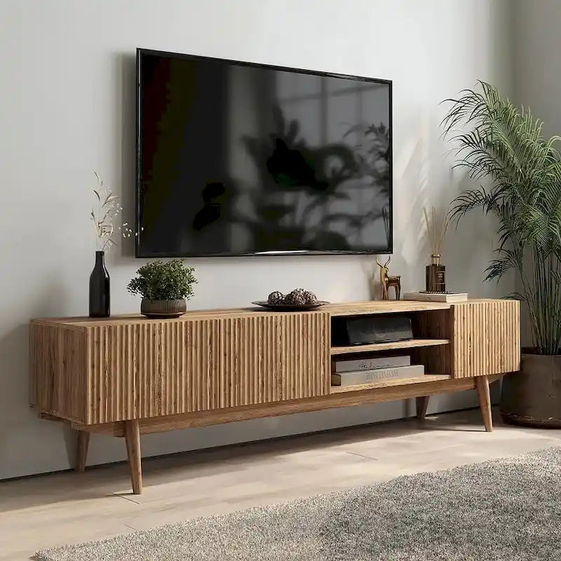 Meuble TV — Style scandinave Mid-Century Modern avec pieds en bois massif, convient aux téléviseurs jusqu'à 65 pouces