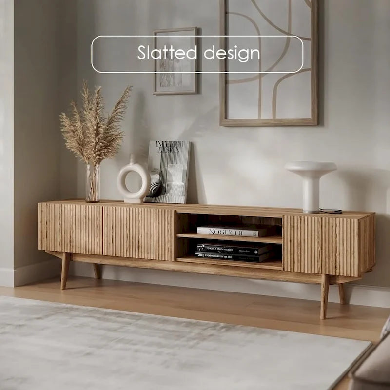 Meuble TV — Style scandinave Mid-Century Modern avec pieds en bois massif, convient aux téléviseurs jusqu'à 65 pouces