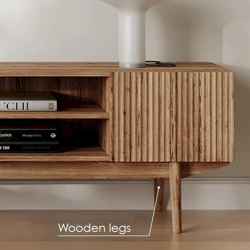 Meuble TV — Style scandinave Mid-Century Modern avec pieds en bois massif, convient aux téléviseurs jusqu'à 65 pouces