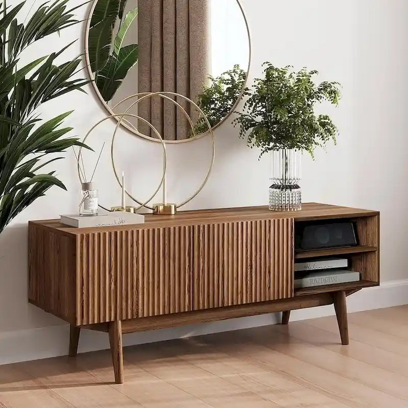 Meuble TV — Style scandinave Mid-Century Modern avec pieds en bois massif, convient aux téléviseurs jusqu'à 65 pouces