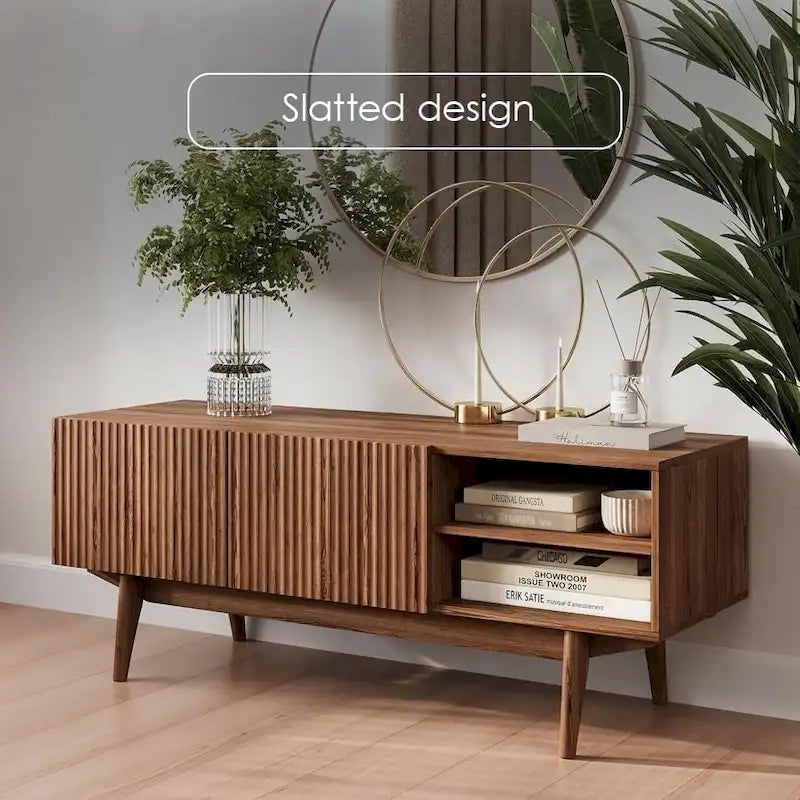Meuble TV — Style scandinave Mid-Century Modern avec pieds en bois massif, convient aux téléviseurs jusqu'à 65 pouces