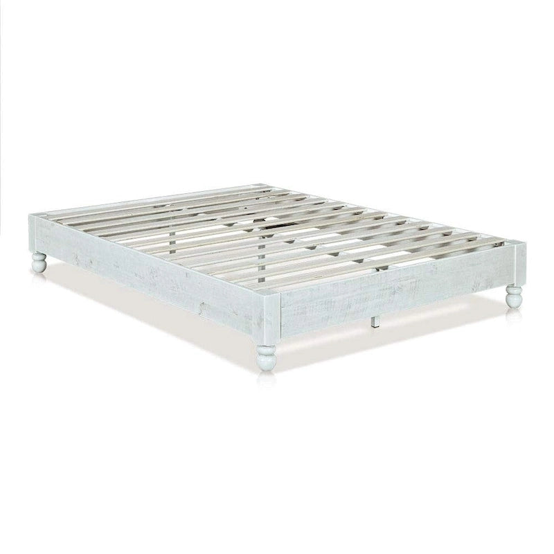 Cadre de lit plateforme en bois massif (style rustique) – Sommier, finition patinée blanc délavé