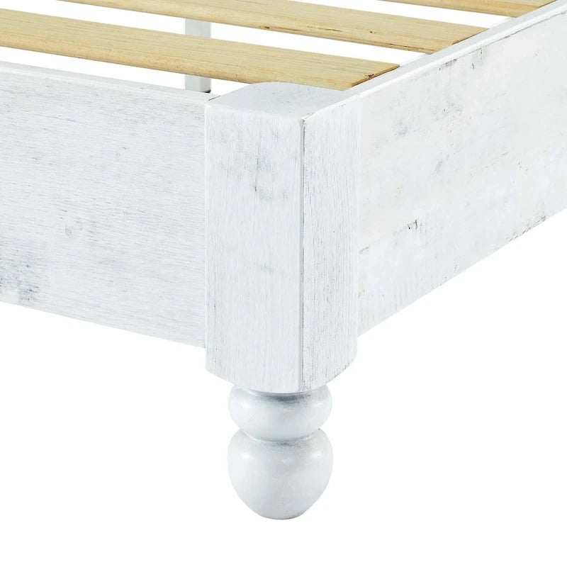 Cadre de lit plateforme en bois massif (style rustique) – Sommier, finition patinée blanc délavé