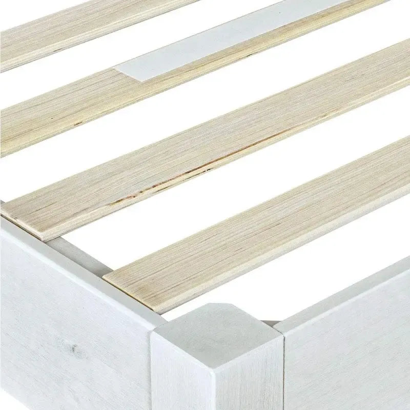 Cadre de lit plateforme en bois massif (style rustique) – Sommier, finition patinée blanc délavé