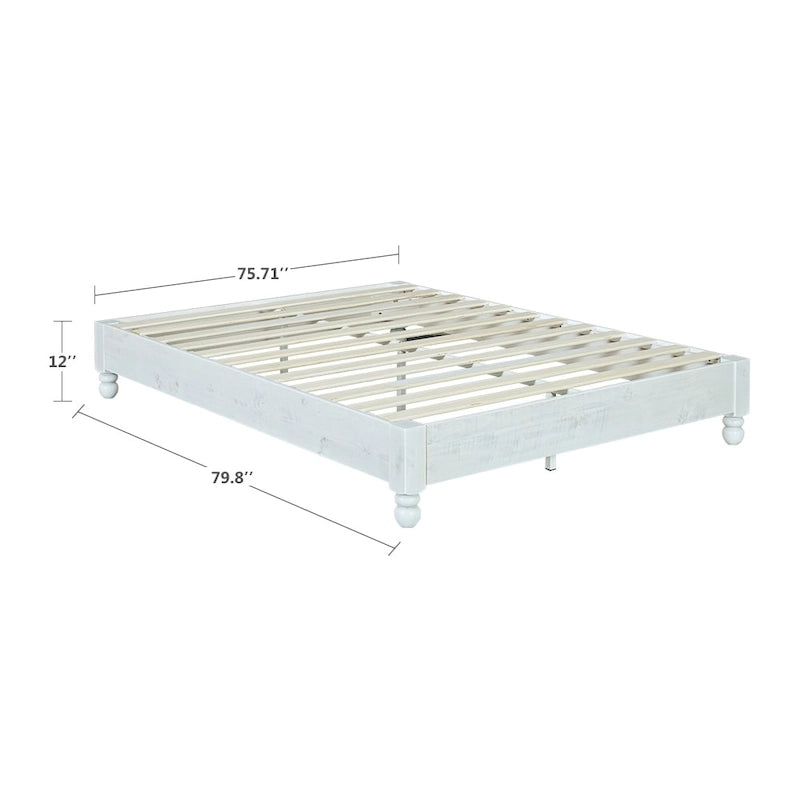 Cadre de lit plateforme en bois massif (style rustique) – Sommier, finition patinée blanc délavé